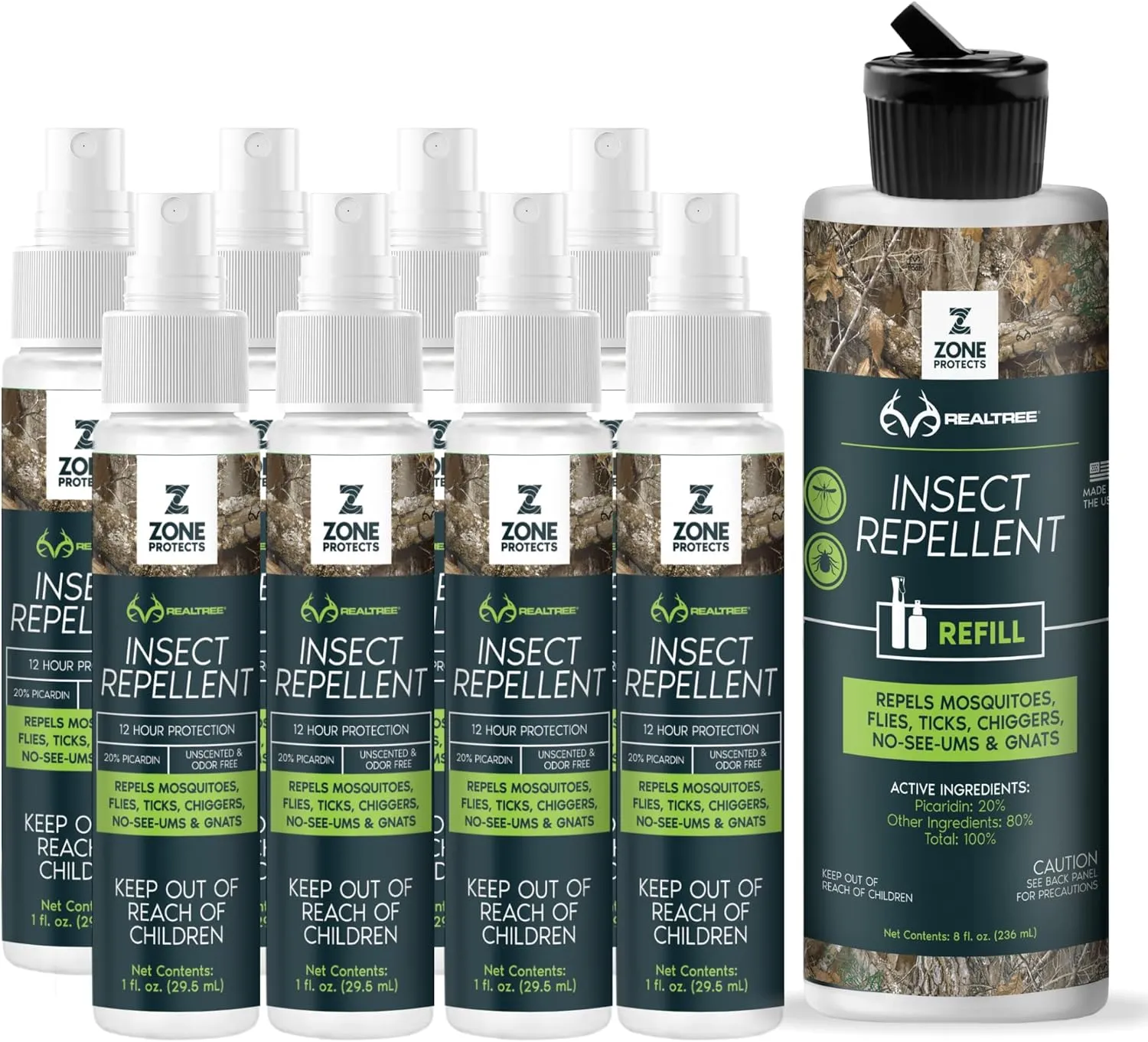 Zone Realtree Insect Repellent with Picaridin; Outfitter's Special Bundle; Eight 1oz Spray Bottles Plus an 8oz Refill; 12-hr Protection Against Ticks, Mosquitoes and Chiggers