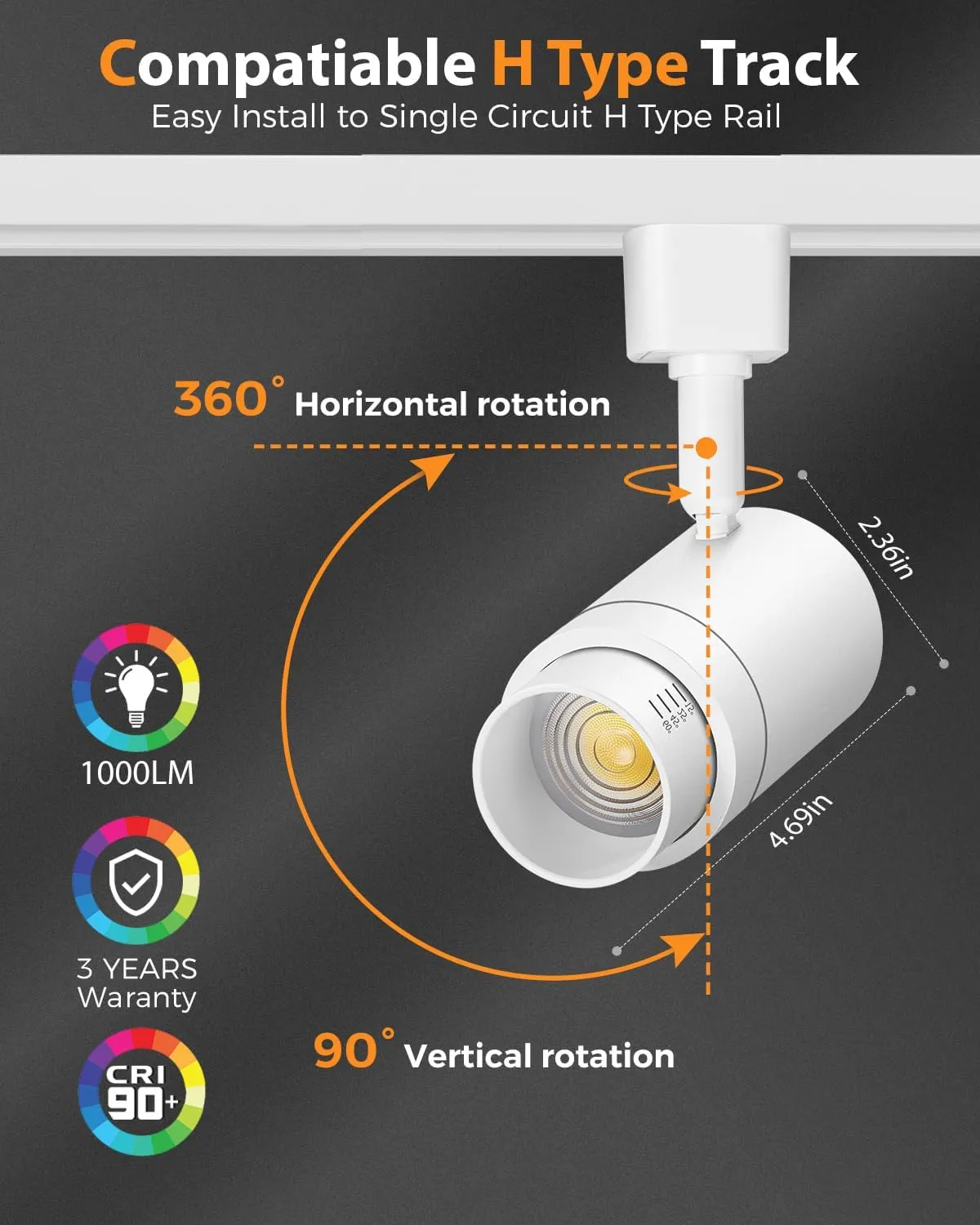 Zoomable H Track Lighting Heads H Type Track Light Heads Dimmable LED Track Lighting Fixtures Ceiling Spot Light, H Style Track Heads for H Track Lighting Rails - White CRI90 12W 12 Pack 3000K