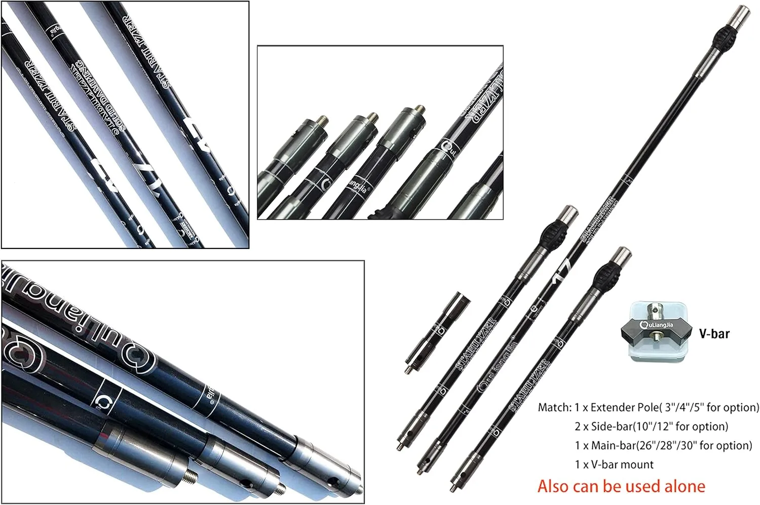 ZSHJGJR Archery Bow Stabilizer Balance Bar Rod System 3-30 Inch Carbon Fiber Stabilizer Damping Shock Absorber for Recurve Compound Bow