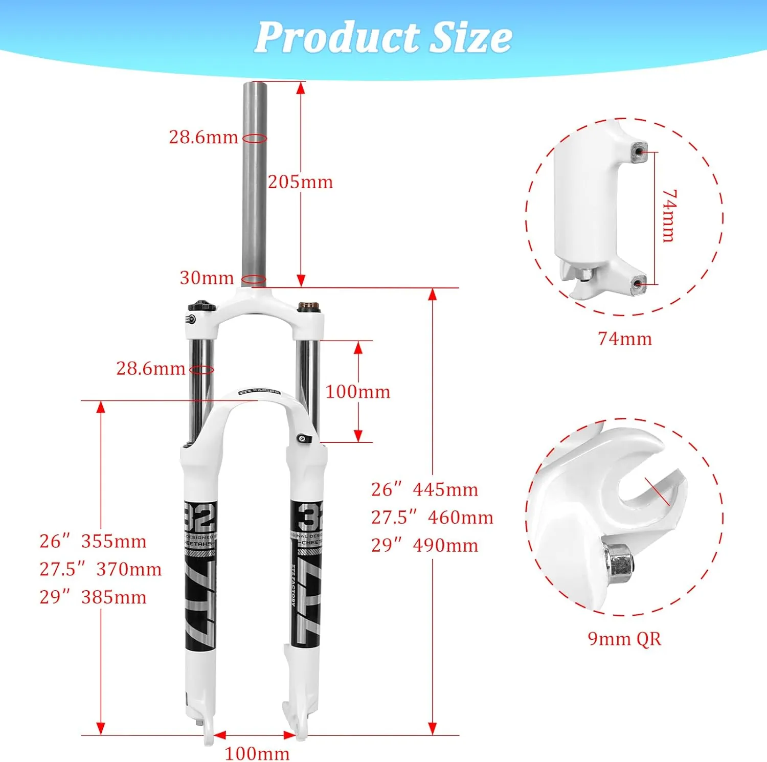 ZTZ 26"/27.5"/29" MTB Suspension Fork,100mm Travel, 9mm QR,100mm Spacing Hub,28.6mm Straight Tube,Crown Lockout,Aluminum Alloy Shock Absorber XC Mountain Bike Front Fork